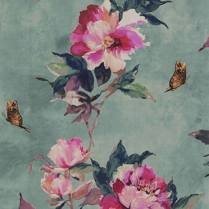 Обои 1838 Wallcoverings Camellia Madama Butterfly Teal 1703-108-05